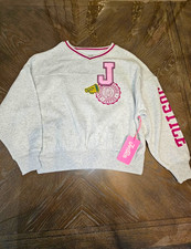 Justice Girls Gray/Pink V-Neck Pullover Sweatshirt Graphic Logo Print Sz S picture