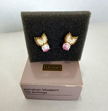 Avon Porcelain Blossom Clip-On Earrings Pink Rose Gold Tone Crystal Vintage picture