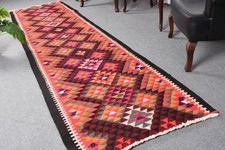 Turkish Herki Runner Rug 3x11,3 ft (91x343 cm), Vintage Red Floral Wool Rug picture