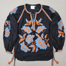 March 11 Embroidered Linen Blouse Small Boho Black Orange Tassel  picture