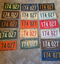 16pc Vintage Illinois License Plates Same Number 174027 1943-1960 Collection picture