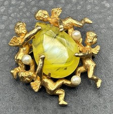 Vintage Jeanne Brooch Cherub Angel Marbled Swirl Yellow Rhinestone Nouveau Style picture