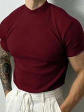 Men's Mock Neck Ribbed T-Shirt Slim Fit Stretchy Muscle Short Sleeve Gym Tee picture