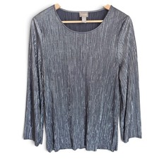 Chicos Metallic Pleated Top Womens 2 Large L Silver Shimmer Ribbed Blouse 3/4 LS picture