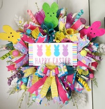 Happy Easter Colorful Sugar Bunnies Peeps Inspired Handcrafted Wreath Decor picture