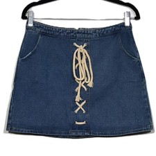 Sadie & Sage Fab'rik Blue Denim Jean Skirt Sz Medium Mini Rope Zip Pkts Hipster picture