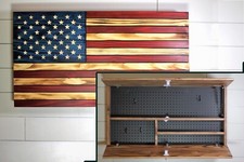 Wood American flag hidden gun storage with pegboard. 3 compartment concealment picture