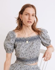 Madewell Jeanette Top Womens Blue Florentine Floral Puff Sleeve Crop Blouse M picture