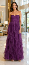 Lulus Small Delightful Beauty Plum Mesh Strapless Ruched Ruffled Maxi Dress picture