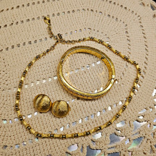 Vintage Monet Signed GoldTone Lot Textured Floral Necklace Bracelet Earrings Set picture