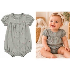 NWT Carter’s Baby Girl 6M Sage Floral Puff Sleeve Snap-Up Romper picture
