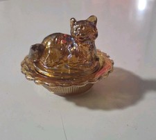 Mosser Glass Cat On A Basket Salt Cellar~ AMBER CARNIVAL ~SALE  picture