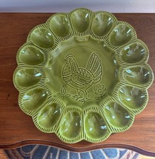 Vintage CALIF USA S29 Deviled Egg Plate Avocado Green Chicken Hen 1970s MCM picture