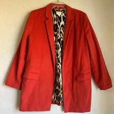 Chicos Red Orange Open Front Blazer Jacket Leopard Print Lining Sz 1 (10) career picture