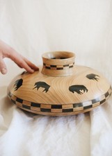 Vintage Large Hand Turned Segmented Wooden Vase with Southwest Motif Signed picture