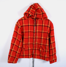 40s 50s Wool Zip Liner Jacket Men's Medium Red Yellow Plaid Hooded Clix Zip VTG picture