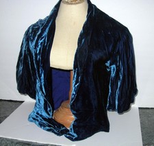 Antique 20's LadiesTeal Blue Silk Velvet Bolero Jacket/Top w/Button Closing picture