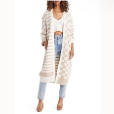 NWOT Topshop knitted checkerboard and stripe maxi cardi in cream Size 4/6 picture