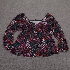 Torrid Blouse Womens 4 Black Floral Sweetheart Neck Long Sleeve Peplum Top picture