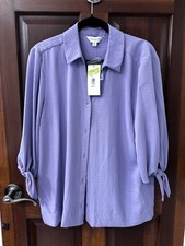 SLIM FACTOR BY INVESTMENTS WOMENS NWT LAVENDER  TIE SLEEVE BUTTON FRONT BLOUSE picture