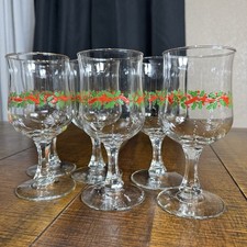 S-188 Set of Six (6) Libbey Holly & Berry Pedestal Goblets with Gold Rims picture