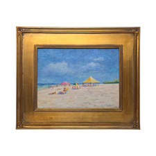 Vintage Signed Oil Canvas Painting of Impressionistic Beach Scene Signed Holmes picture