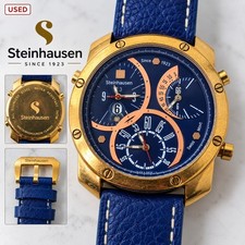 Steinhausen Men's Chronograph Watch Gold Tone Blue Dial Genuine Leather Swiss Mo picture