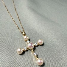Authentic Majorica Spain Pearl & CZ Cross Pendant Necklace 18K Gold Plated 925 picture