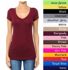  Ambiance V-Neck Short Sleeve T Shirt Basic Plain Solid Top Stretchy Cotton Tee picture