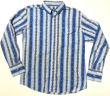 Wrangler Southwestern Shirt Mens Medium Blue Aztec Striped Pearl Snaps Cowboy picture