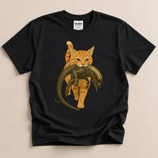 Cat Carrying Alien T-Shirt, Funny Sci-Fi Cat Shirt, Orange Tabby Cat Tee, Xenomo picture