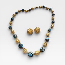 Vintage Murano Venetian Glass Necklace & Earrings Set - Gold Foil & Aventurine picture