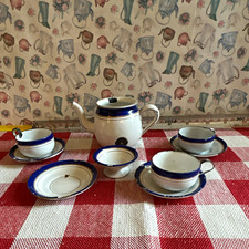 Vintage Enamelware Tea Set Made in Germany Blue Rim Teapot Cups picture