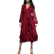 Lulus Women's Spectacular Feeling Burgundy Embroider Faux Wrap Midi Dress Size M picture