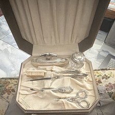 Antique Sterling Silver Manicure Vanity Set Cased 925 German Tools Glass Jar picture
