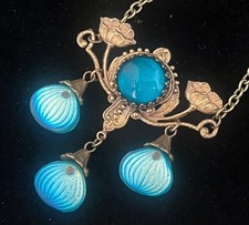 Vintage Chandelier Necklace Art Nouveau Floral Filigree Pendant Teal Czech Glass picture