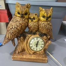 Vintage 1950’s Chalkware Figural Owls Mantel Shelf Clock 12.5” Tall, Not Working picture