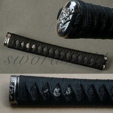 Alloy Kashira Menuki Japanese Katana Tsuka With Black Silk Cord Black Rayskin picture