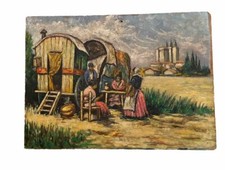 FERNAND AUDET (1923-2016) FRENCH IMPRESSIONIST OIL - GYPSY CARAVAN & FIGURES  picture