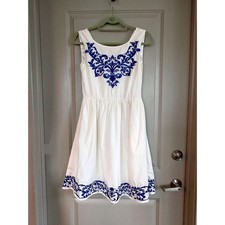 Geode ModCloth Blue Embroidered Fit Flare Dress S picture