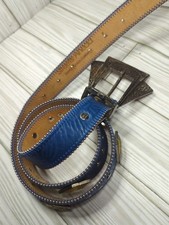 Streets Ahead Vintage Blue Leather Western Belt Hammered Silver Huge Buckle LG picture
