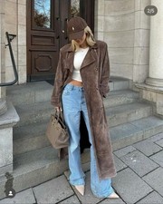 Real Leather Suede Trench Long Ladies Coat Brown Women Jacket Size S M L XL 2XL picture