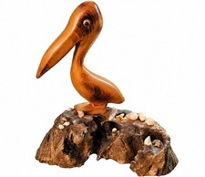 Vintage Hand Carved Wood Pelican on Driftwood Seashell Coastal Decor 10.5
