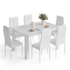 6/7 Pc White Dining Table Chairs Set High Back Faux Leather Rectangular Modern picture