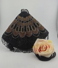 Vintage Art Deco Beaded Pouch Bag Fan Gatsby Flapper Fringe Purse picture