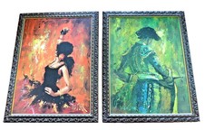 HUGE MCM 1960s Lee Burr Spanish Dancer & Matador Oil Paintings Set Signed 46x36 picture