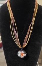 Vintage Artisan Murano-Style Lampwork Glass Flower Pendant Necklace picture
