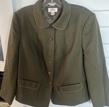Talbots Olive Green Round Collar Wool Blend Blazer Women Size 14 Petite EUC picture