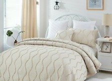 DaDa Bedding Boho Chic French Country Tufted Ruffles Ivory Cream Bedspread Set picture