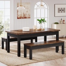 Farmhouse Kitchen Table Set for 4-6, 55-Inch Wooden Dining Table with 2 Benches picture